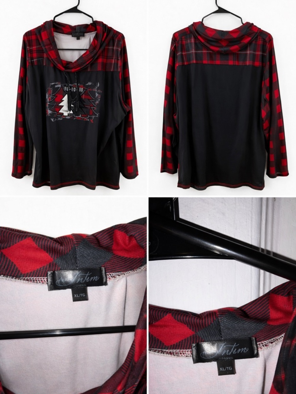 Intym Black & Red Plaid Cowl Neck Tee